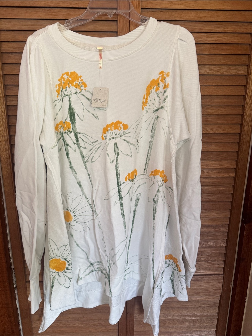 Free People White Floral Long Sleeve Tunic with Yellow Accents